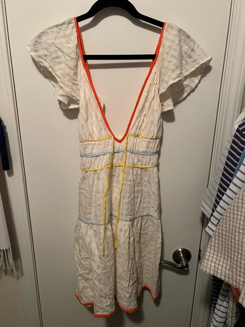 Anthropologie White Smocked Dress with Neon Orange Trim